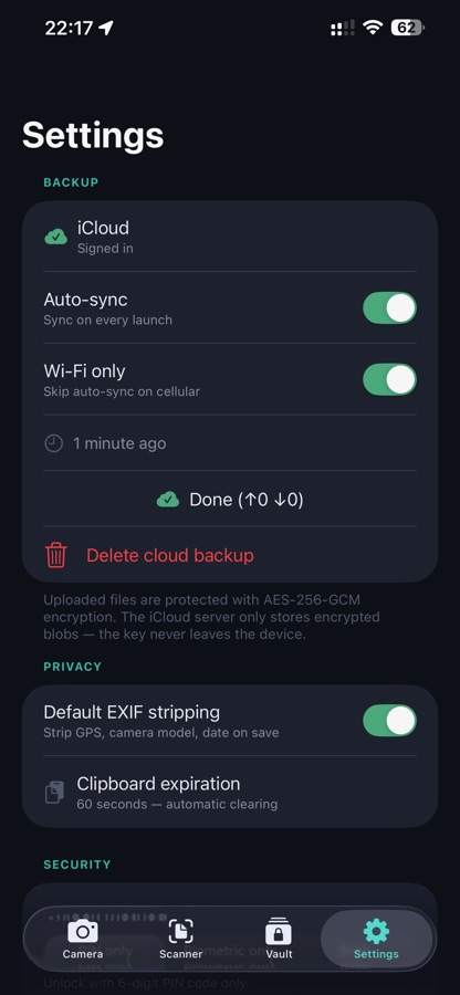 LockMyPic iCloud & Privacy settings screenshot